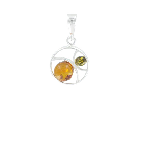 Lune d’ambre - Pendentif argent et 2 sphères ambre cognac/vert Lune d’ambre - Pendentif argent et 2 sphères ambre cognac/vert