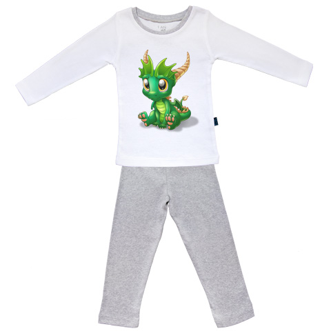 Bébé Dragon - Émeraude - Pyjama Bébé manches longues - Coton - Gris Chiné