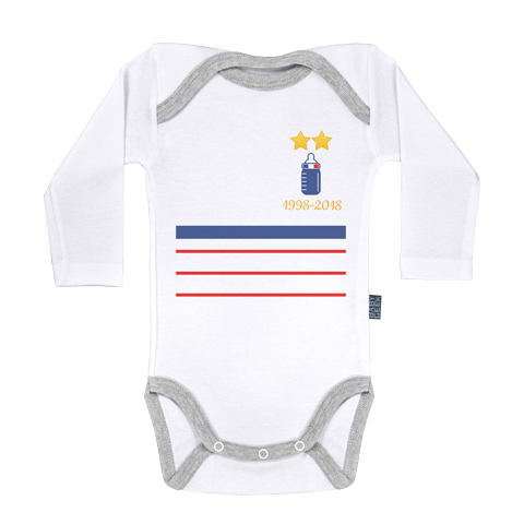 Maillot France 1998-2018 - Body Bébé manches longues - Coton - Blanc - Coutures grises Maillot France 1998-2018 - Body Bébé manches longues - Coton - Blanc - Coutures grises