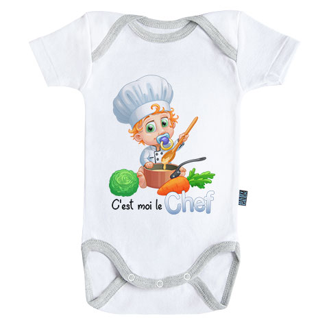 Un jour je serai un grand chef - Body Bébé manches courtes - Coton - Blanc - Coutures grises Un jour je serai un grand chef - Body Bébé manches courtes - Coton - Blanc - Coutures grises