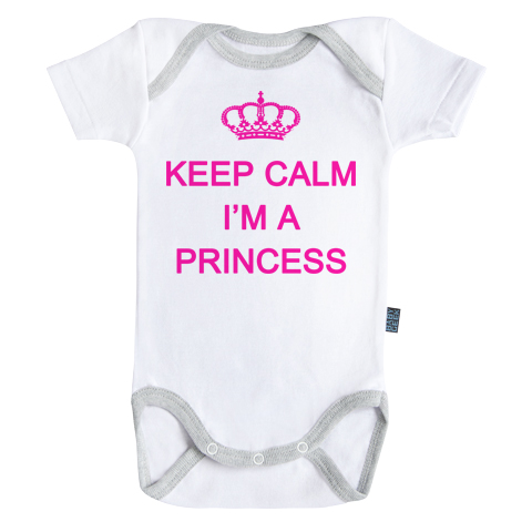 Keep Calm... I’m a Princess - Body Bébé manches courtes - Coton - Blanc - Coutures grises Keep Calm... I’m a Princess - Body Bébé manches courtes - Coton - Blanc - Coutures grises