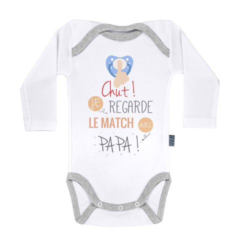 Chut ! Je regarde le match avec Papa - Body Bébé manches longues - Coton - Blanc Chut ! Je regarde le match avec Papa - Body Bébé manches longues - Coton - Blanc