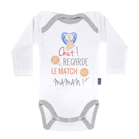 Chut ! Je regarde le match avec maman - Body Bébé manches longues - Coton - Blanc Chut ! Je regarde le match avec maman - Body Bébé manches longues - Coton - Blanc