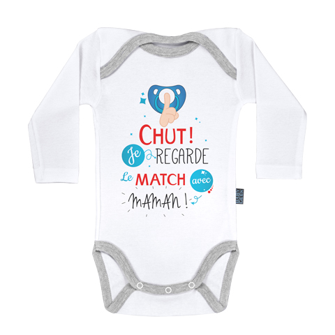 chut je regarde le match avec maman V2 - Body Bébé manches longues - Coton - Blanc - Coutures grises chut je regarde le match avec maman V2 - Body Bébé manches longues - Coton - Blanc - Coutures grises