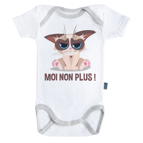 Bébé chat grumpy - Moi non plus - Body Bébé manches courtes - Coton - Blanc - Coutures grises Bébé chat grumpy - Moi non plus - Body Bébé manches courtes - Coton - Blanc - Coutures grises