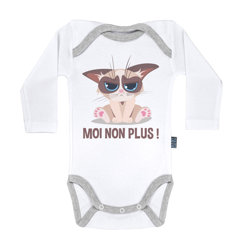 Bébé chat grumpy - Moi non plus - Body Bébé manches longues - Coton - Blanc Bébé chat grumpy - Moi non plus - Body Bébé manches longues - Coton - Blanc