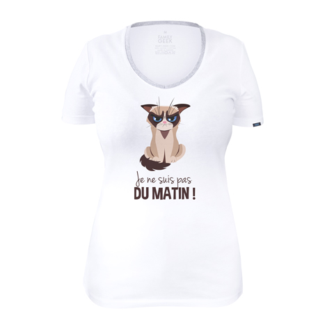 Chat grumpy - Je ne suis pas du matin - T-shirt Femme - Coton - Blanc Chat grumpy - Je ne suis pas du matin - T-shirt Femme - Coton - Blanc