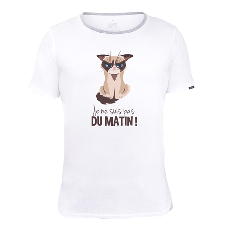Chat grumpy - Je ne suis pas du matin - T-shirt - Coton - Blanc Chat grumpy - Je ne suis pas du matin - T-shirt - Coton - Blanc