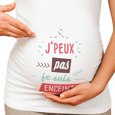 T-shirt de grossesse en coton blanc : Je peux pas je suis enceinte - Créateur : BabyGeek
