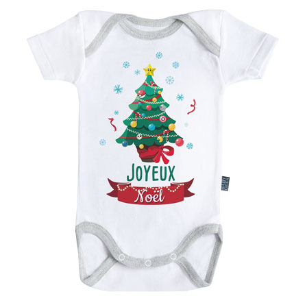 Joyeux Noël - Body Bébé manches courtes - Coton - Blanc - Coutures grises Joyeux Noël - Body Bébé manches courtes - Coton - Blanc - Coutures grises
