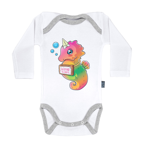 Licorne des mers - Body Bébé manches longues - Coton - Blanc - Coutures grises Licorne des mers - Body Bébé manches longues - Coton - Blanc - Coutures grises