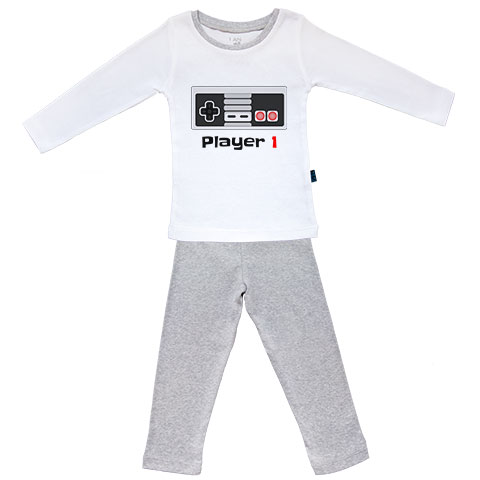 Player 1 rétro - Pyjama Bébé manches longues - coton blanc et gris