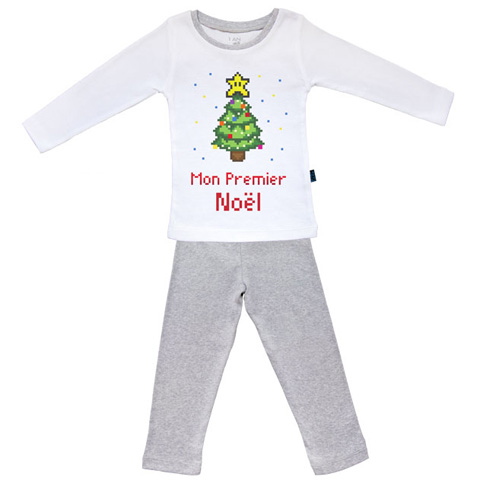 Mon premier Noël pixel - Pyjama Bébé manches longues - Coton - Gris Chiné Mon premier Noël pixel - Pyjama Bébé manches longues - Coton - Gris Chiné