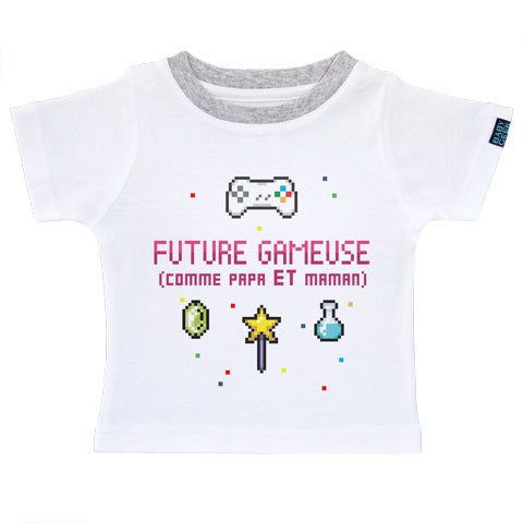 Future gameuse comme papa et maman - T-shirt Enfant manches courtes - Coton - Blanc col gris