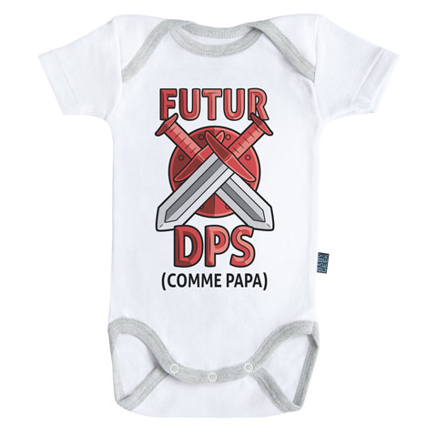 Blanc Coutures Grises - Body Bébé Manches Courtes Coton Version garçon Baby Geek Futur DPS comme Papa 