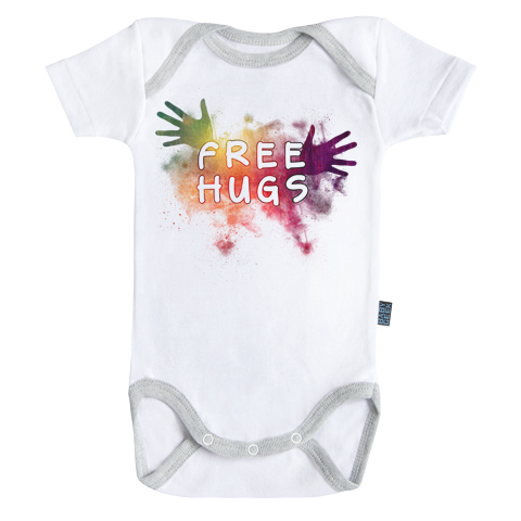 Free Hugs Colors - Body Bébé manches courtes - Coton - Blanc - Coutures grises Free Hugs Colors - Body Bébé manches courtes - Coton - Blanc - Coutures grises